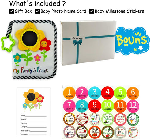 ABCKEY My Family And Friends Baby Photo Album, Sunflower Baby-safe Mirror, Holds 18 Photos, Colourful