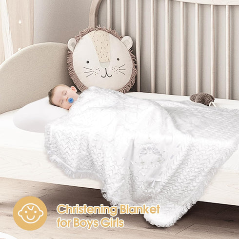 Runeaoys Baby Blanket for Boys Girls Baptism Christening Gifts for Girl Boys Easter Soft White Knitted Shawl Receiving