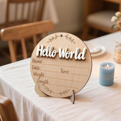 XCMVCN 5.9 Inch Baby Announcement Sign, Round Wooden Hello World Newborn Signs, Birth Announcement Sign: Equipped