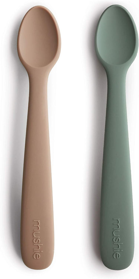 mushie Silicone Baby Feeding Spoons, 2 Pack (Dried Thyme/Natural)