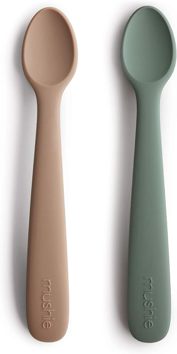 mushie Silicone Baby Feeding Spoons, 2 Pack (Dried Thyme/Natural)