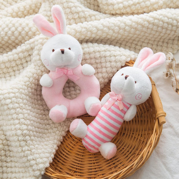 Plush Baby Rattle Toys, Pink Bunny Rattles for Infants, 2 PCS Soft Ring Rattle Sensory Toys for Newborns
