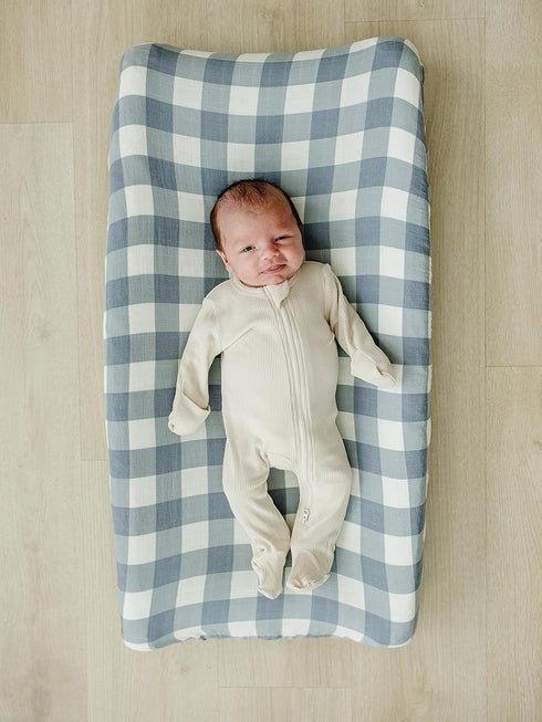100% Mebie Baby Changing Pad Cover, Dusty Blue Gingham, Muslin Cotton Changing Table Pad Cover for Boy and Girl