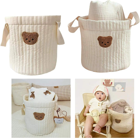 Yovslop Bear Storage Bucket Beige Cotton Basket Diaper Bag Large Capacity Bin for Home Nursery Room