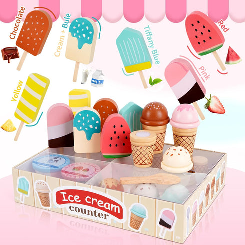 3-5, Sets 3 4 5 Wooden Ice Cream Toys for Toddlers Kids Wooden Toys Play Kitchen Accessories, Play Food for Kids