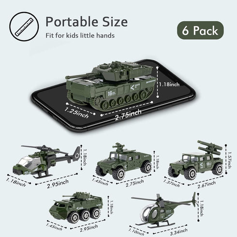 Diecast Military Vehicles, 6 Pack Army Toys Assorted Alloy Metal Model Cars for Boys Kids Age 6-10