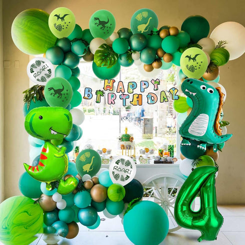 Dinosaur 4th Birthday Decorations, Large Foil Balloons, Happy Birthday Banner, Number 4 Balloon