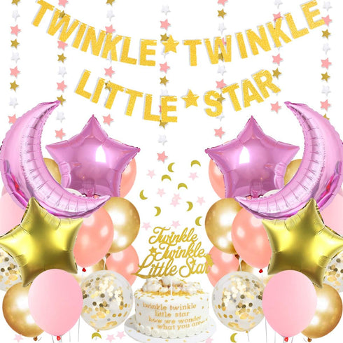 Twinkle Twinkle Little Star Decorations, Baby Shower or Birthday Party, Moon and Star Balloons, Pink and Gold