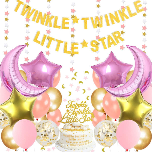 Twinkle Twinkle Little Star Decorations, Baby Shower or Birthday Party, Moon and Star Balloons, Pink and Gold