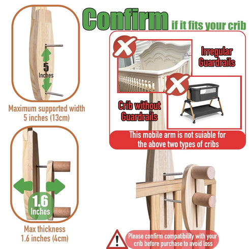 Tuiiopoli 360 Baby Crib Mobile Arm - Double Wooden Screw Anti-Slip Reinforcement Hanger Crib Holder No Paint Rotatable