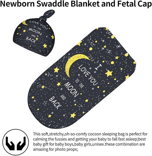 I Love You to The Moon and Back Newborn Baby Receiving Blanket with Beanie Hat Gifts for Boys and Girls