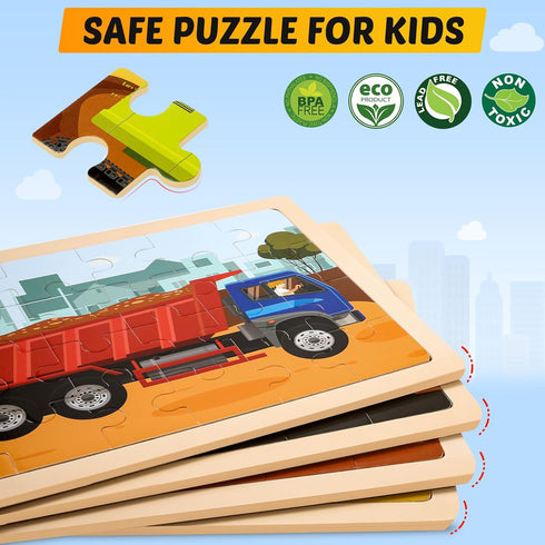 Wooden Vehicle Puzzles for Kids Age 3-5 - 4 Pack 24 Pcs Montessori Toddler Jigsaw Puzzles for Learning Activities