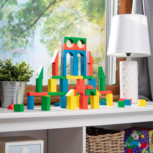 Melissa & Doug Wooden Building Blocks Set - 100 Blocks in 4 Colors and 9 Shapes, FSC Certified for Kids