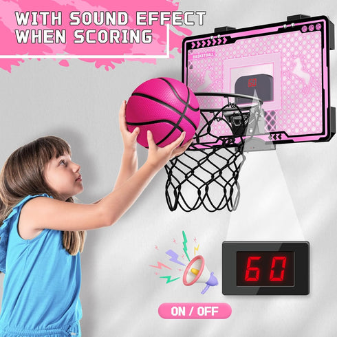 Mini Over The Door Basketball Hoop for Kids - Unicorn Pink with Electronic Scoreboard, 3 Balls, Birthday Gifts for Ages