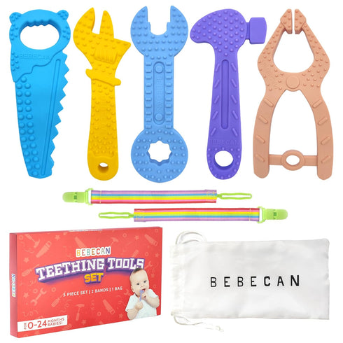 Teething Tools Teether for Baby - 5 Premium Silicone Baby Teething Toys with 2 Straps and Travel Bag