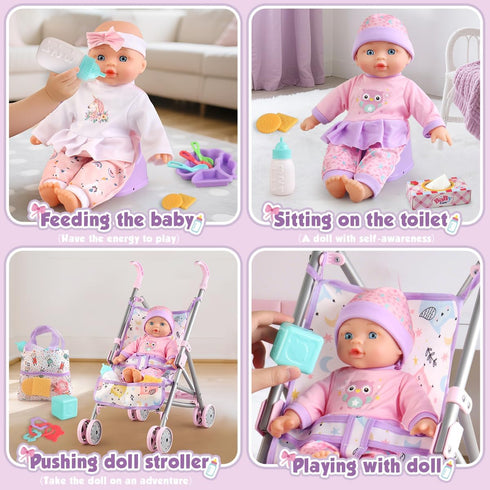 Set 3 4 5 6 7 12.5-inch 2 sets 17 Baby Doll with Stroller for Realistic Pretend Play for Year Old Toddler Girls Gifts.