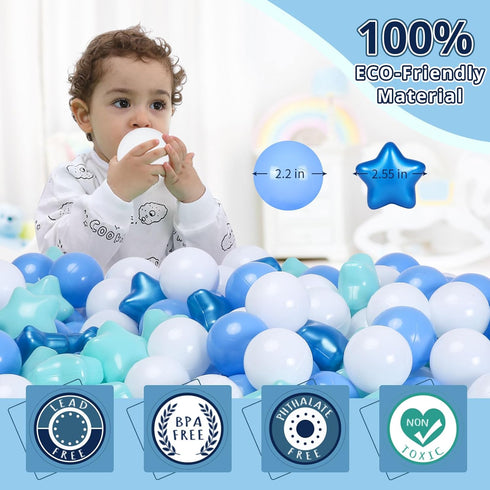 STARBOLO Ball Pit Balls - 200 Bulk Mixed Blue Stars, Crush Proof Plastic Children's Toy Balls for Birthday Party
