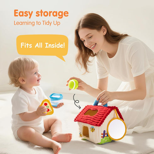 1 Set 1-3, hahaland Montessori Toys for Year Old Plush Puppy Sensory Toy with Dog House, Rattle, Crinkle, Mirror