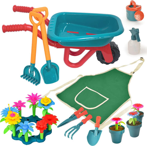 unanscre Gardening Tool Set for Kids, with Toddler Wheelbarrow, Watering Can, Spray