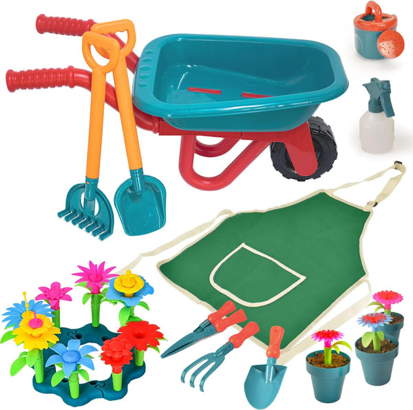 unanscre Gardening Tool Set for Kids, with Toddler Wheelbarrow, Watering Can, Spray