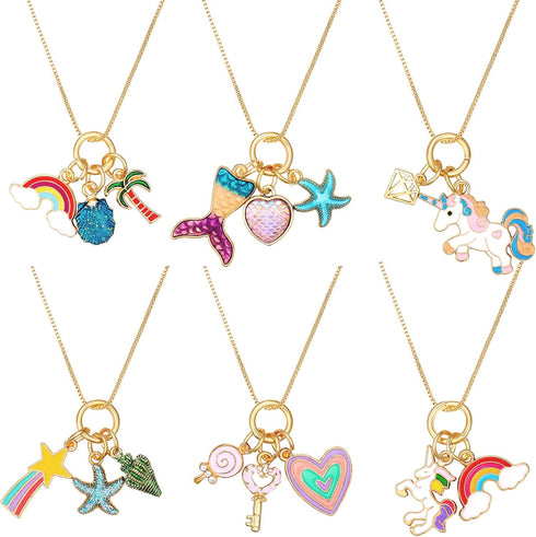 Hicarer 6 Pieces Unicorn Necklaces and Mermaid Necklace, Cute Rainbow Heart Crown for Christmas Party Favors