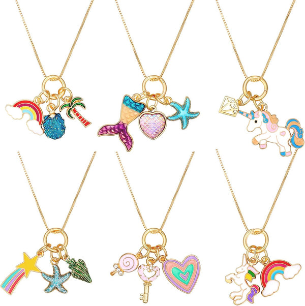 Hicarer 6 Pieces Unicorn Necklaces and Mermaid Necklace, Cute Rainbow Heart Crown for Christmas Party Favors
