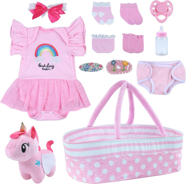 BABESIDE 13 Pcs Reborn Baby Doll Clothes with Bassinet for 17-22 Inch Dolls, Pink Outfit Accessories
