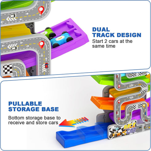 2 3 10 18+ aotipol Toddler Toys for Year Old Boy Girl, Double-Track Car Ramp Toy with Pull-Out Parking Lots & Mini