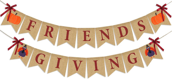 Friendsgiving Banner Burlap, Thanksgiving Decorations, Rustic Turkey Pumpkin Bunting for Party Supplies and Decor