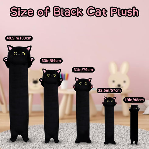 Long Cat Plush Pillow – 40.5" Cute Black Cat Stuffed Animal, Kawaii Plushie, Throw Pillow for Kids Christmas