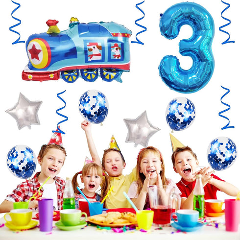 Weenkeey 3rd 3 Birthday Train Balloons - Giant Aluminum Foil Balloon Number Mylar for Railroad Party - Blue