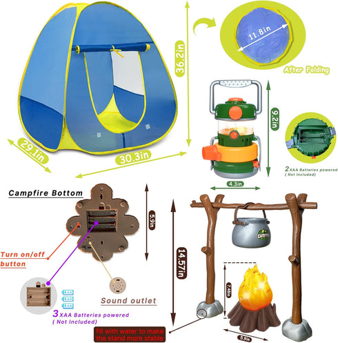 MITCIEN Kids Play Tent with Campfire, Oil Lantern with Sound, Cut Up Fruits, Marshmallow, Pretend Camping Toys for 3-6+