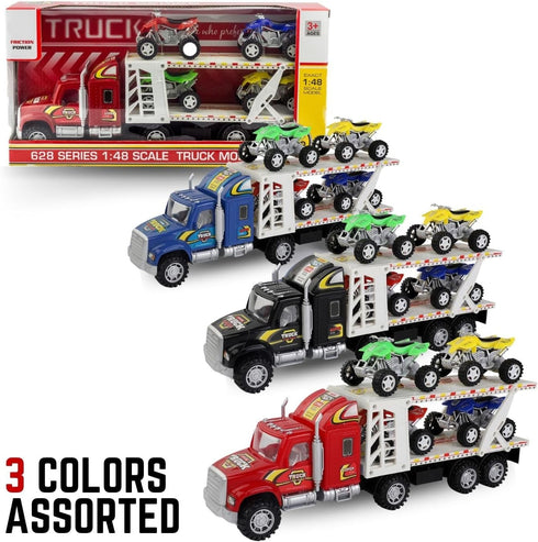 Auto Hauler Big Rig Toy Semi Truck Car Carrier 1:48 Scale with 4 ATVs Dirt Bike (Assorted Colors)