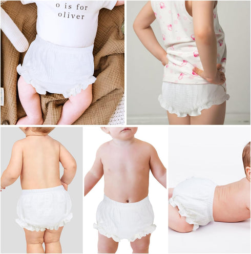 Poocen 5pcs Toddler Baby Girls Boy White Ruffled Bloomers Diaper Cover Cotton Linen Bloomer Shorts Underwear