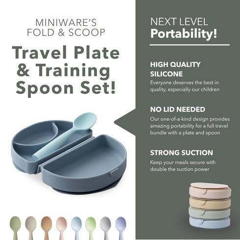 Set Miniware Fold & Scoop Baby Feeding - Silicone Travel Baby Plate With Suction & Baby Spoon - Compact, Portable
