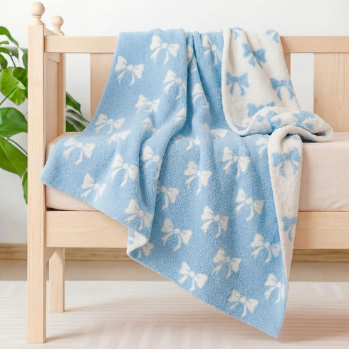 SmoothNovelty Blue Bow Baby Throw Blanket Cute Dual Side Microfiber Newborn Boy