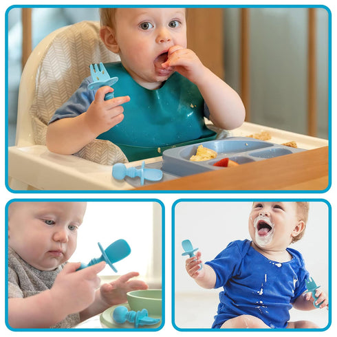 Silikong Silicone Utensils - Baby Fork and Spoon Set, Training Utensils for Ages 6 Months, Blue