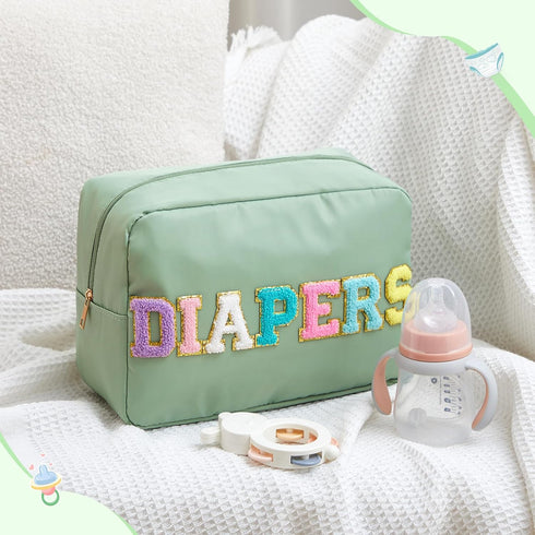 Geetery Portable Small Diaper Caddy Bag Chenille Letter Diaper Holder Wipes Travel Organizer Pouch Baby Newborn