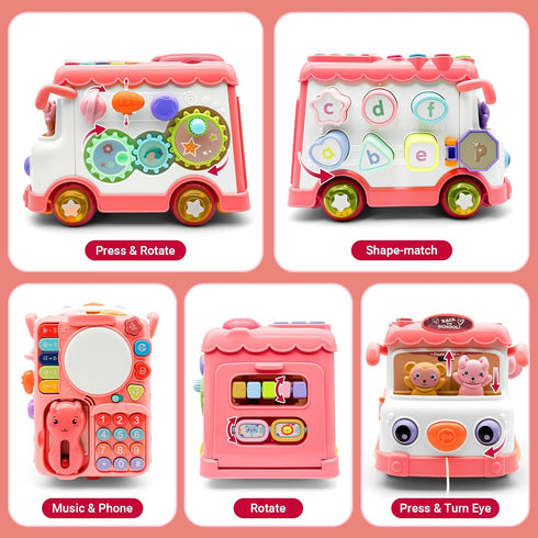DELUTIQUE 1 12-18 1-3, 1st Baby Bus Toy for Year Old Girl Gifts, Montessori Musical Bus Toy for Baby Months, Baby Piano