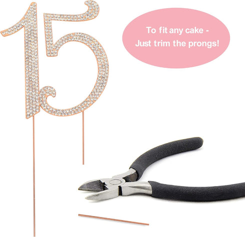 15 Cake Topper - Premium Rose Gold Metal, 15th Birthday or Anniversary Party, Sparkly Rhinestone Decoration, Protected