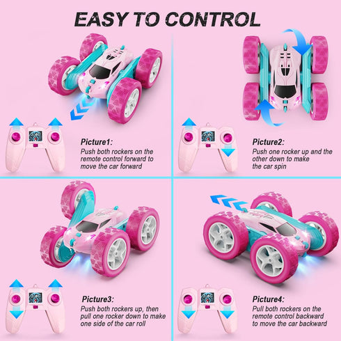 2.4 360 6 7 8 9 10 11 12 QUNREDA RC Cars, Pink Remote Control Car for Girls, GHZ Double Sided RC Stunt Car Rotating