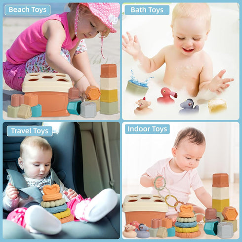 5 in 1 Montessori Baby Toys for 6-48 Months - Stacking Cups, Rings, Soft Animals, Blocks Set for Toddlers 1-3 Years