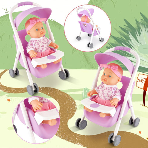 Set Set Stroller,12PCS 3+ deAO Baby Doll Play Includes Miniature Crib,Mobile High Chair Baby Doll Accessories,Great