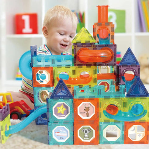 BINZKBB Light Magnetic Tiles Building Blocks for Kids, 3D Clear Educational STEM Toys, 110 PCS Marble Run Blocks Gift