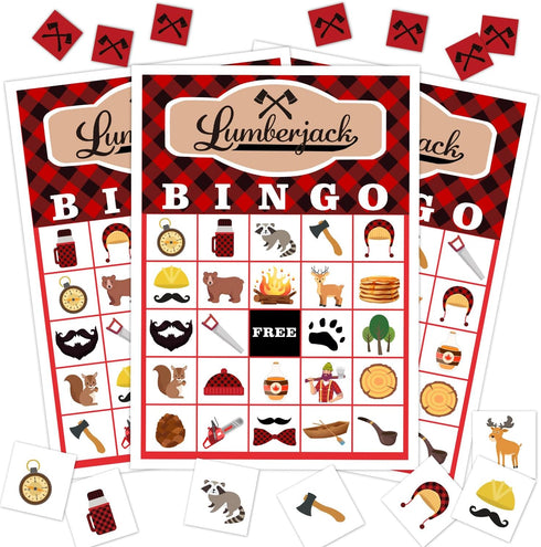 Lumberjack Party Bingo Game, 24 Woodland Bear Cards Set for Family Activity, Gender Reveal Supplies -a10