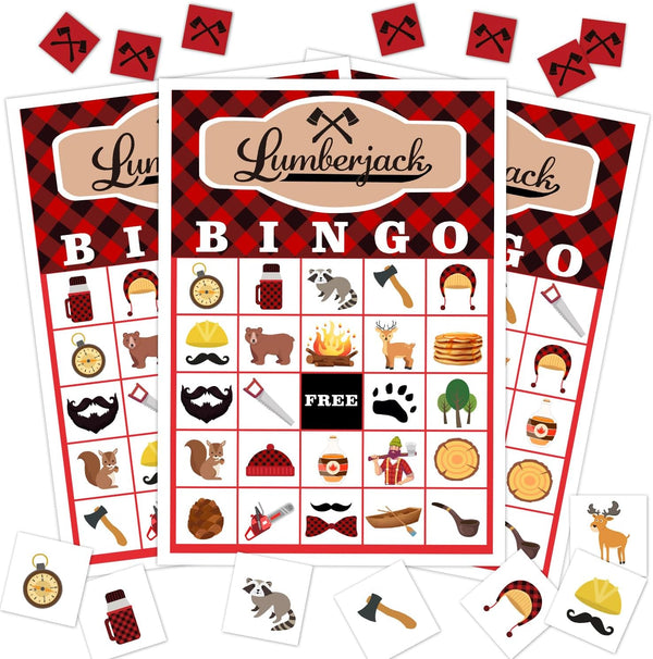 Lumberjack Party Bingo Game, 24 Woodland Bear Cards Set for Family Activity, Gender Reveal Supplies -a10