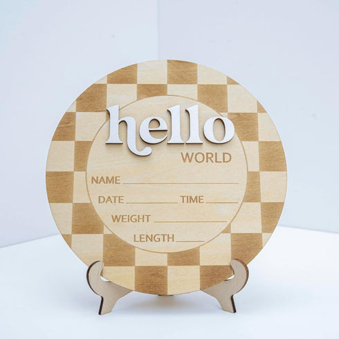 TTMerriwood 6.5 Inch Baby Announcement Sign Wooden Hello World Newborn Welcome Sign Birth Name (Checkered)