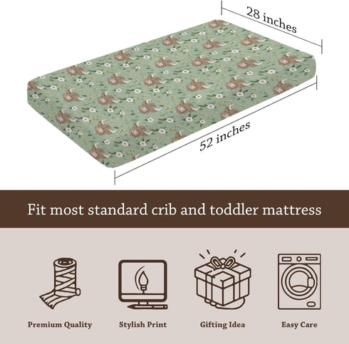 KuphiL10C Mattress-28x52 Cute Highland Cows Flowers Leaves Pattern Baby Sheets for Crib, Unisex Farm Cow Nursery Fitted