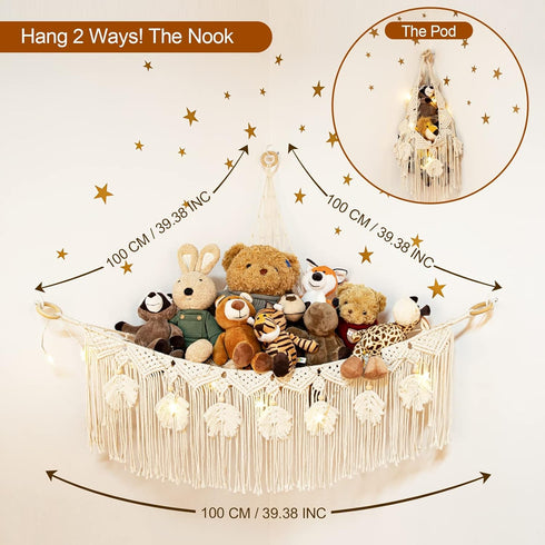 Hammock ANROYE Macrame Stuffed Animal Toy Net with Star Light, Small Plushies Boho Storage for Nursery, Corner Wall