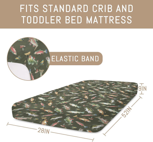 Selgkds 52''x28'' Neutral Fishing Baby Crib Sheets for Boys Vintage Bass Fishes Trout Soft Snug Fitted Crib Mattress